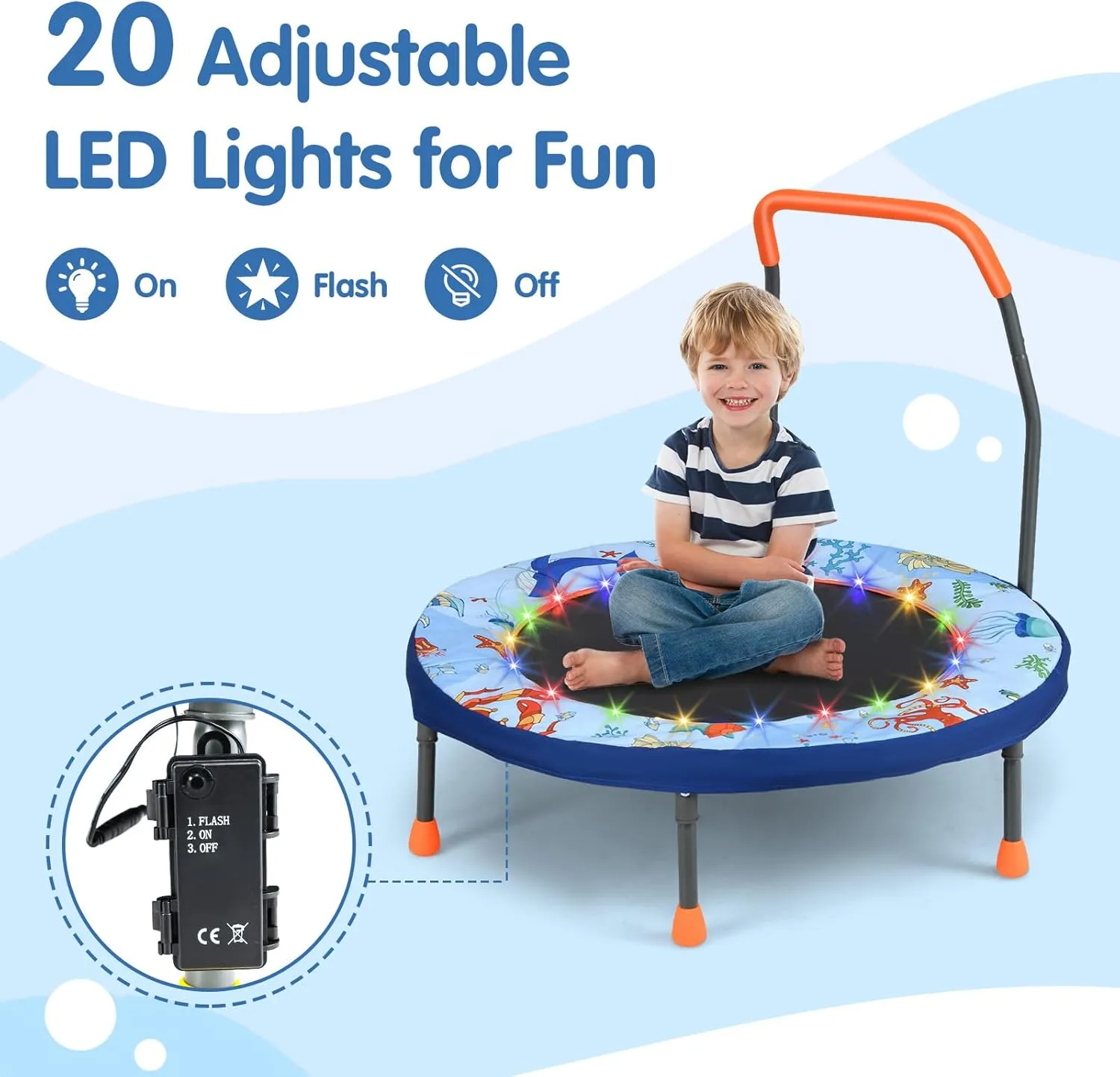 Goplus Foldable Toddler Trampoline for Kids, 36'' Mini Recreational Trampoline w/20 LED Lights, Foam Handle, Padded Safety Cover, Indoor Outdoor Rebounder for Boys Girls Aged 3-6