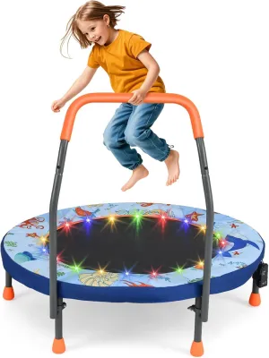 Goplus Foldable Toddler Trampoline for Kids, 36'' Mini Recreational Trampoline w/20 LED Lights, Foam Handle, Padded Safety Cover, Indoor Outdoor Rebounder for Boys Girls Aged 3-6