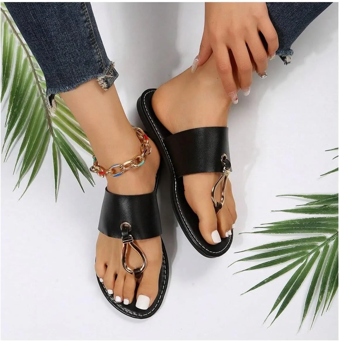 GORGLITTER Women's Ring Thong Flat Sandals Open Toe Flip Flops Leather Slippers Dressy Slides