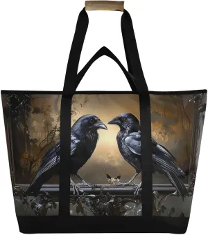 Gothic Crows Brown Large Insulated Tote Bag for Grocery Shopping Reusable Tote Bags for Women Men, Cooler Bag with Zippered Top & Handles for Beach Picnic Travel