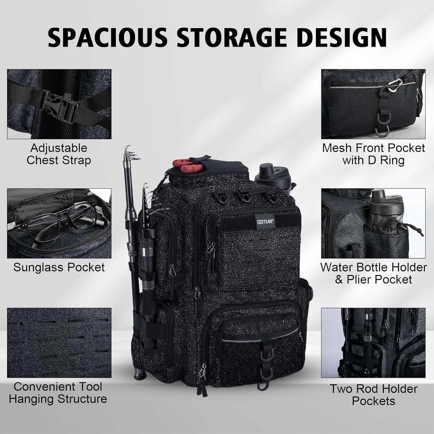 Goture Fishing Backpack, 900D Water-Resistant Tackle Backpack with Rod Holders, 45L Large Fishing Bag Storage Gear Tackle Bag with Rain Cover, Bottle Holder for Travel Camping Hiking