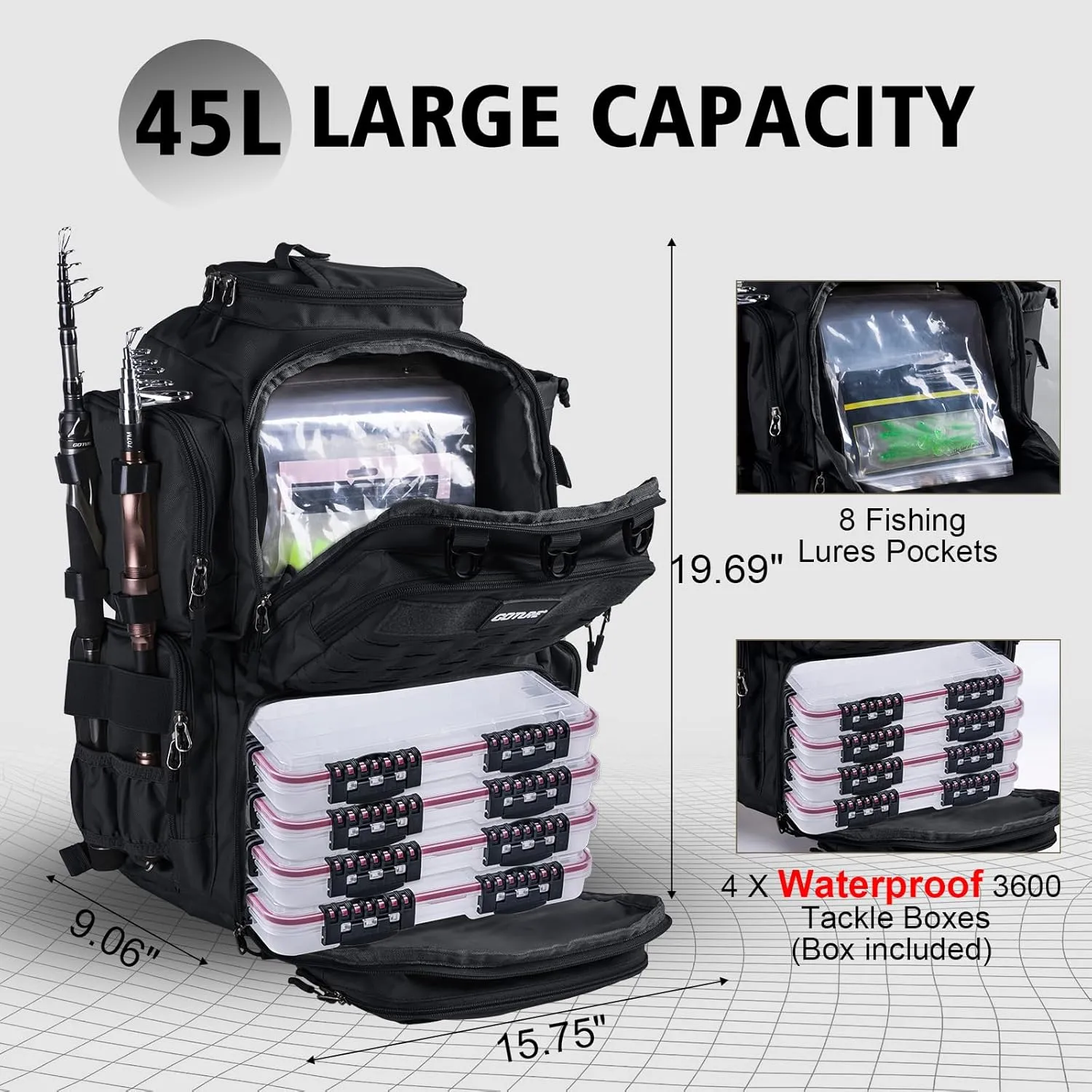 Goture Fishing Backpack with 4 Tackle Boxes, Fishing Tackle Backpack with Rod Holders, 45L 600D Large Fishing Bag Storage Fishing Gear Tackle Bag with 8 Lure Pockets,Rain Cover for Camping Hiking