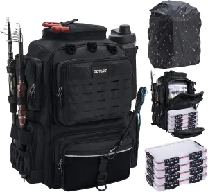 Goture Fishing Backpack with 4 Tackle Boxes, Fishing Tackle Backpack with Rod Holders, 45L 600D Large Fishing Bag Storage Fishing Gear Tackle Bag with 8 Lure Pockets,Rain Cover for Camping Hiking
