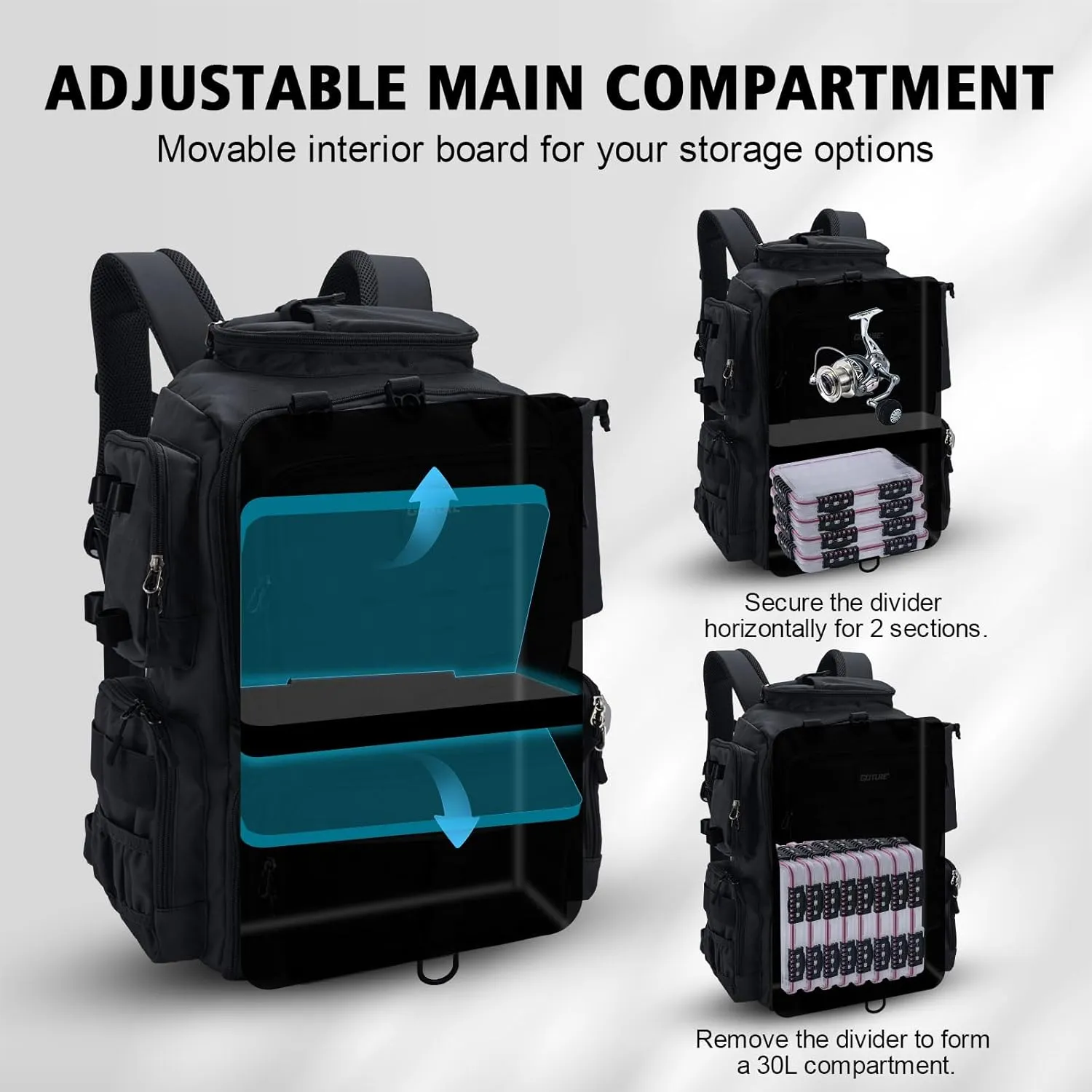 Goture Fishing Backpack with 4 Tackle Boxes, Fishing Tackle Backpack with Rod Holders, 45L 600D Large Fishing Bag Storage Fishing Gear Tackle Bag with 8 Lure Pockets,Rain Cover for Camping Hiking