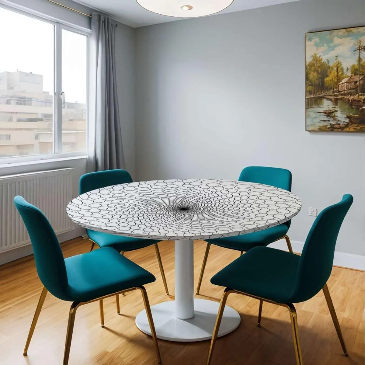 Gray Round Table Cloth with Elastic Edged Crocodile Leather Pattern Material Fashion Design Elastic Edge, Waterproof and wipeable Animal Fit for 44"-47" Table
