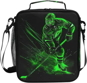Green Hockey Player Lunch Box for Girls Boys Insulated Lunch Bag Kids Cooler Freezable Shoulder Strap Waterproof Picnic Meal for School Office