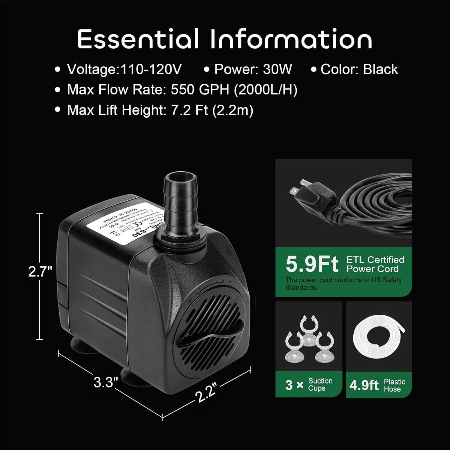 GROWNEER 550GPH Submersible Pump 30W Ultra Quiet Fountain Water Pump, 2000L/H, with 7.2ft High Lift, 3 Nozzles, 4.9 Feet Tubing for Aquarium, Fish Tank, Pond, Hydroponics, Statuary