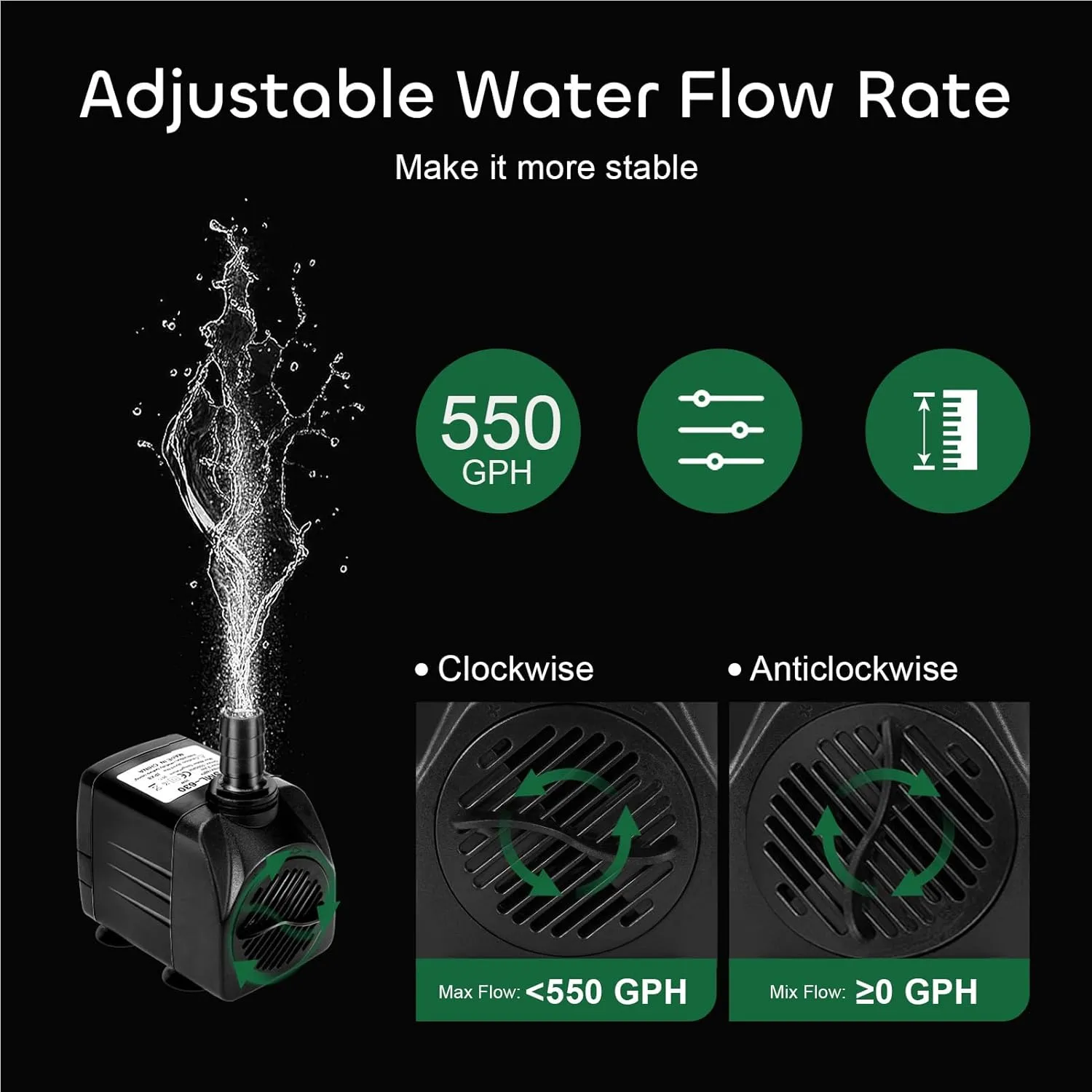 GROWNEER 550GPH Submersible Pump 30W Ultra Quiet Fountain Water Pump, 2000L/H, with 7.2ft High Lift, 3 Nozzles, 4.9 Feet Tubing for Aquarium, Fish Tank, Pond, Hydroponics, Statuary