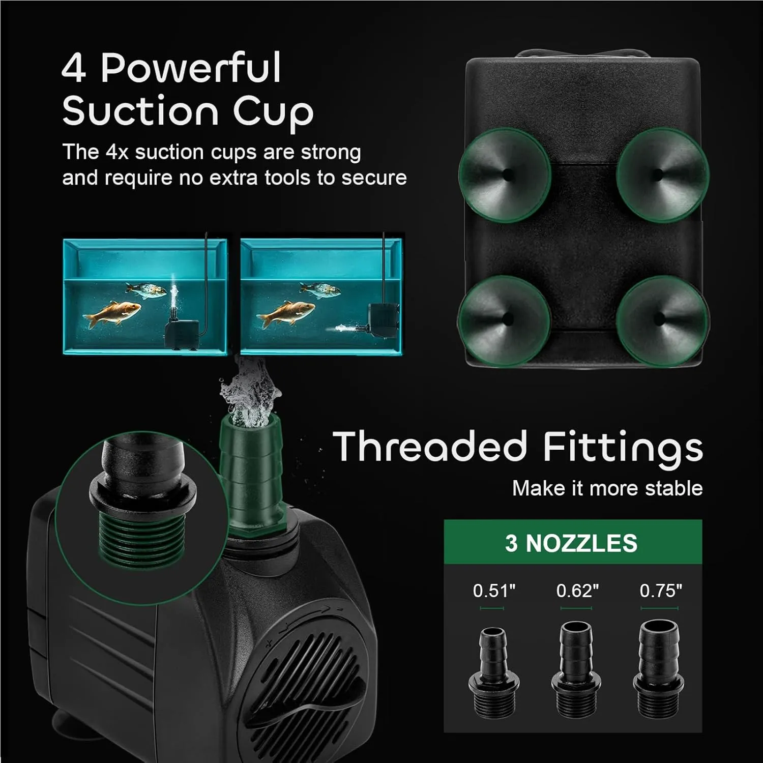 GROWNEER 550GPH Submersible Pump 30W Ultra Quiet Fountain Water Pump, 2000L/H, with 7.2ft High Lift, 3 Nozzles, 4.9 Feet Tubing for Aquarium, Fish Tank, Pond, Hydroponics, Statuary