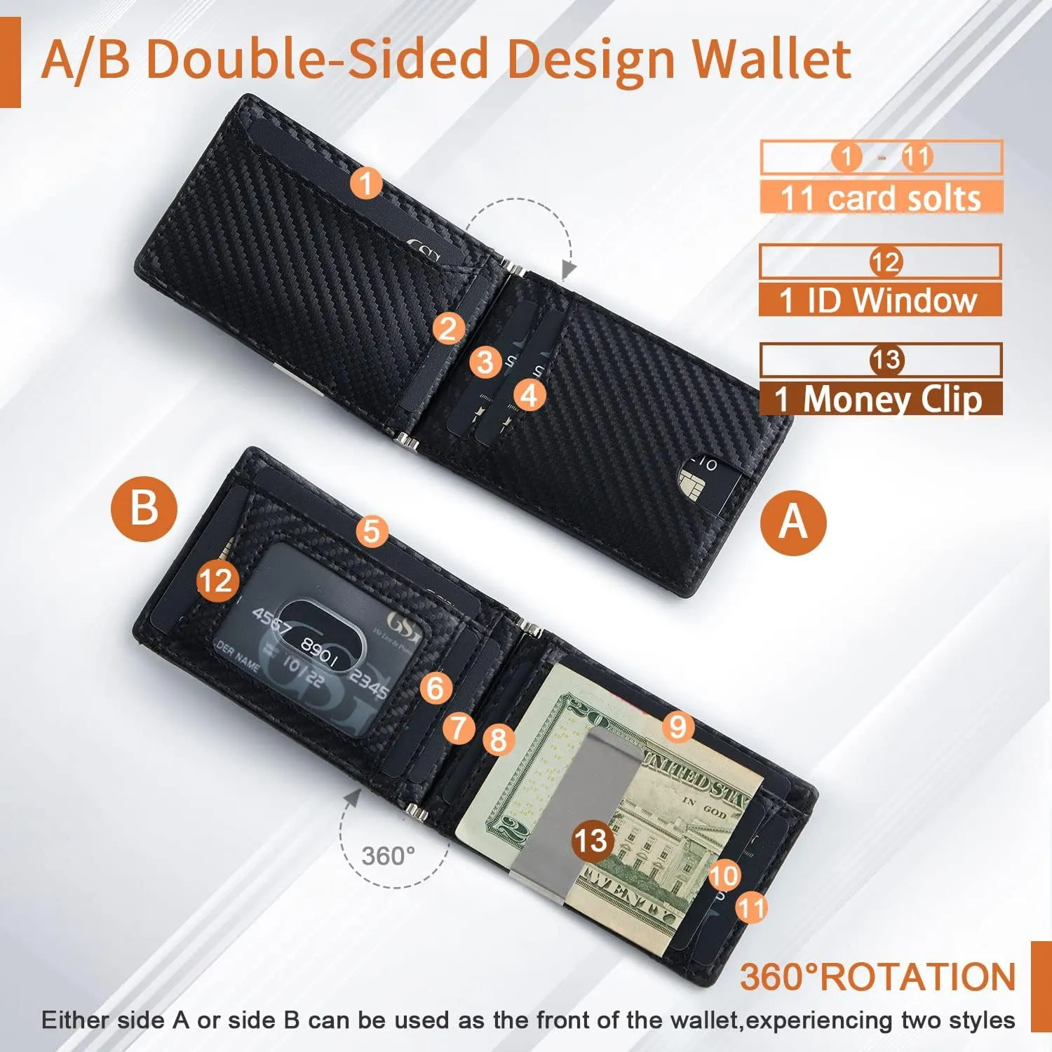 GSG Slim Wallet for Men with Money Clip, RFID Blocking Card Holder Leather Minimalist Bifold Wallet Front Pocket Wallet with Gift Box, Black