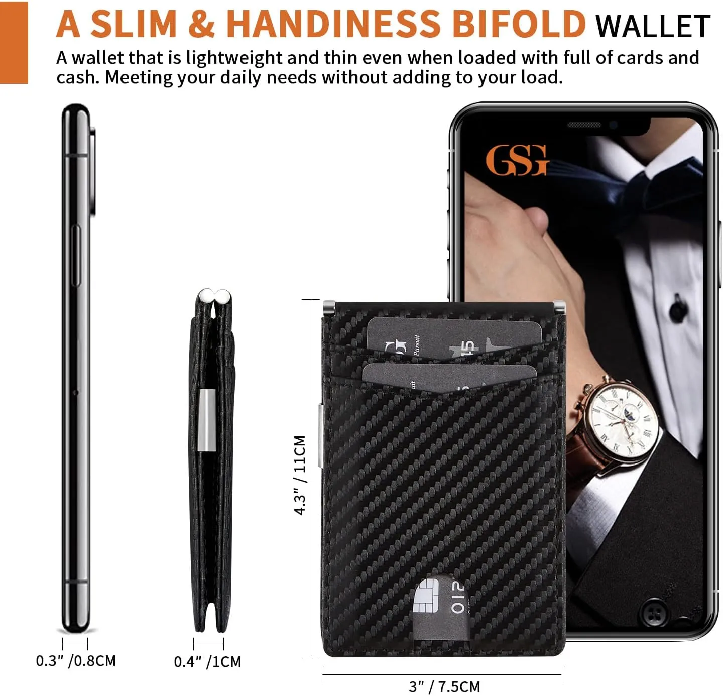 GSG Slim Wallet for Men with Money Clip, RFID Blocking Card Holder Leather Minimalist Bifold Wallet Front Pocket Wallet with Gift Box, Black