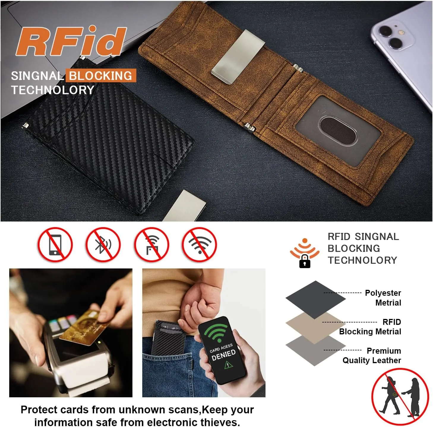 GSG Slim Wallet for Men with Money Clip, RFID Blocking Card Holder Leather Minimalist Bifold Wallet Front Pocket Wallet with Gift Box, Black