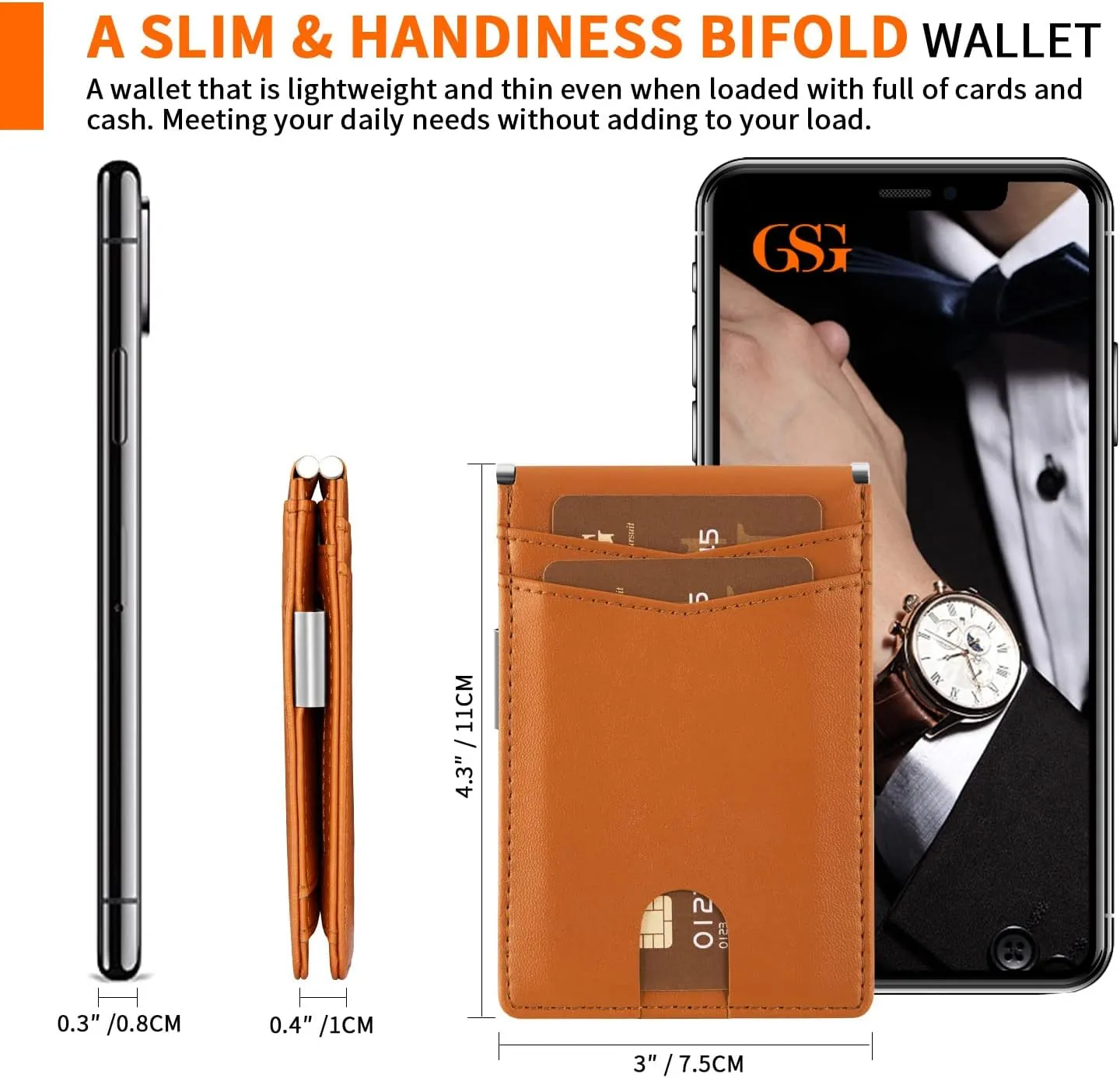 GSG Slim Wallet for Men with Money Clip, RFID Blocking Card Holder Leather Minimalist Bifold Wallet Front Pocket Wallet with Gift Box, Brown