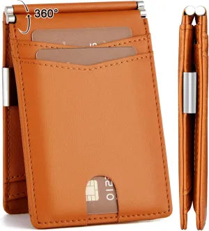 GSG Slim Wallet for Men with Money Clip, RFID Blocking Card Holder Leather Minimalist Bifold Wallet Front Pocket Wallet with Gift Box, Brown