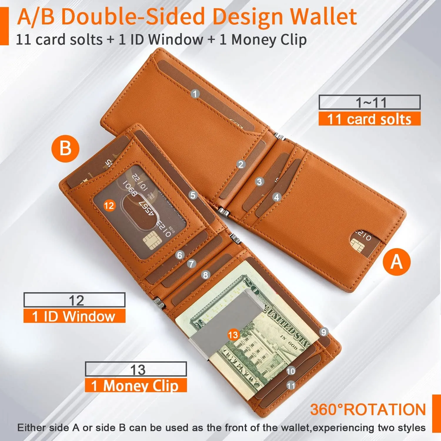 GSG Slim Wallet for Men with Money Clip, RFID Blocking Card Holder Leather Minimalist Bifold Wallet Front Pocket Wallet with Gift Box, Brown