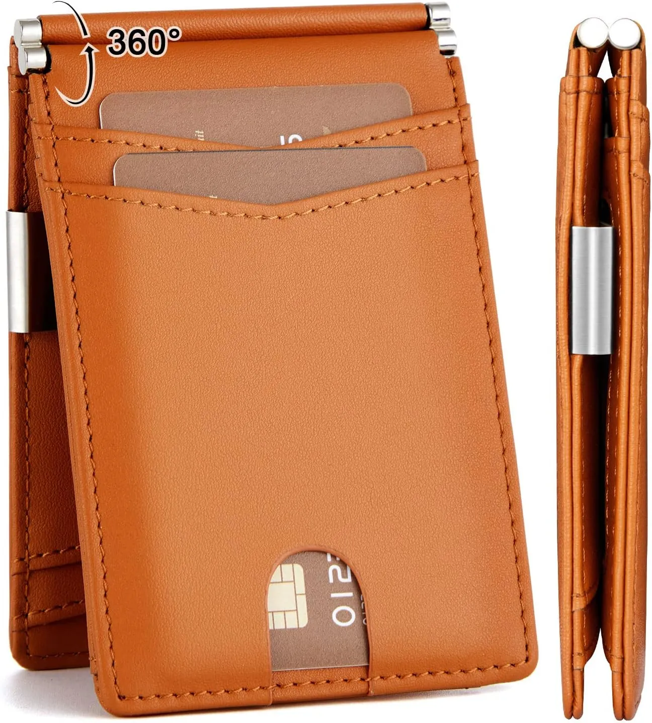 GSG Slim Wallet for Men with Money Clip, RFID Blocking Card Holder Leather Minimalist Bifold Wallet Front Pocket Wallet with Gift Box, Brown