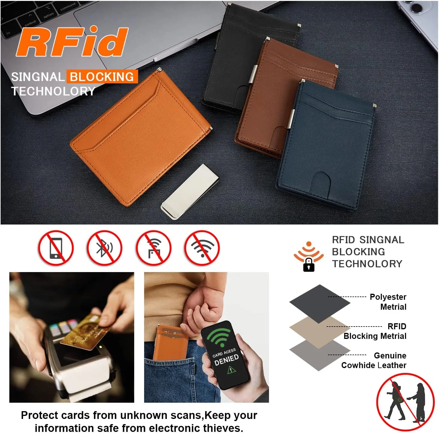 GSG Slim Wallet for Men with Money Clip, RFID Blocking Card Holder Leather Minimalist Bifold Wallet Front Pocket Wallet with Gift Box, Brown