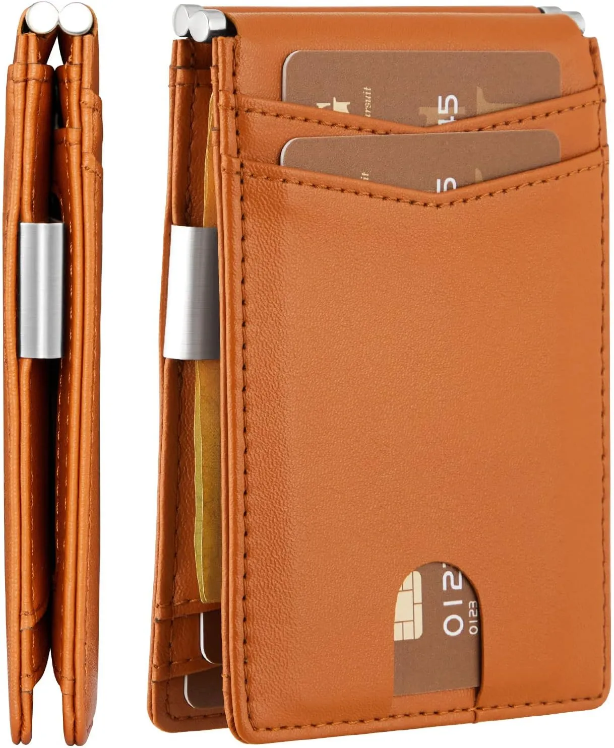 GSG Slim Wallet for Men with Money Clip, RFID Blocking Card Holder Leather Minimalist Bifold Wallet Front Pocket Wallet with Gift Box, Brown