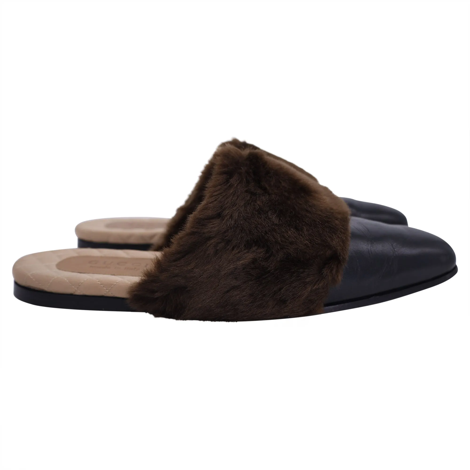 Gucci Mule Slippers in Black and Brown Leather And Faux Fur