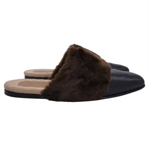 Gucci Mule Slippers in Black and Brown Leather And Faux Fur