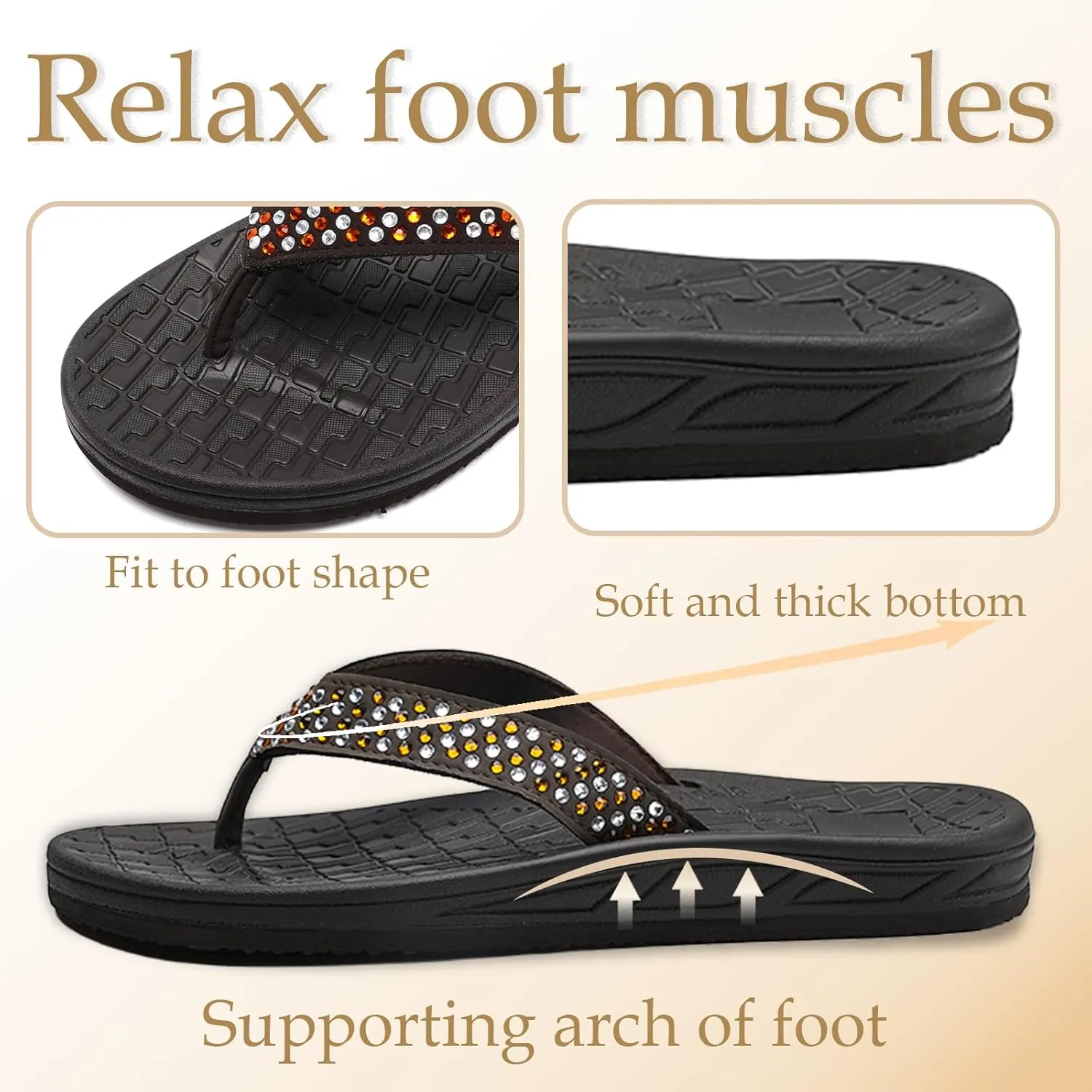 Guyarns Flip Flops Arch Support for Women,Womens Flip Flops with Rhinestone Summer Beach Comfy Thick Slides Sandals