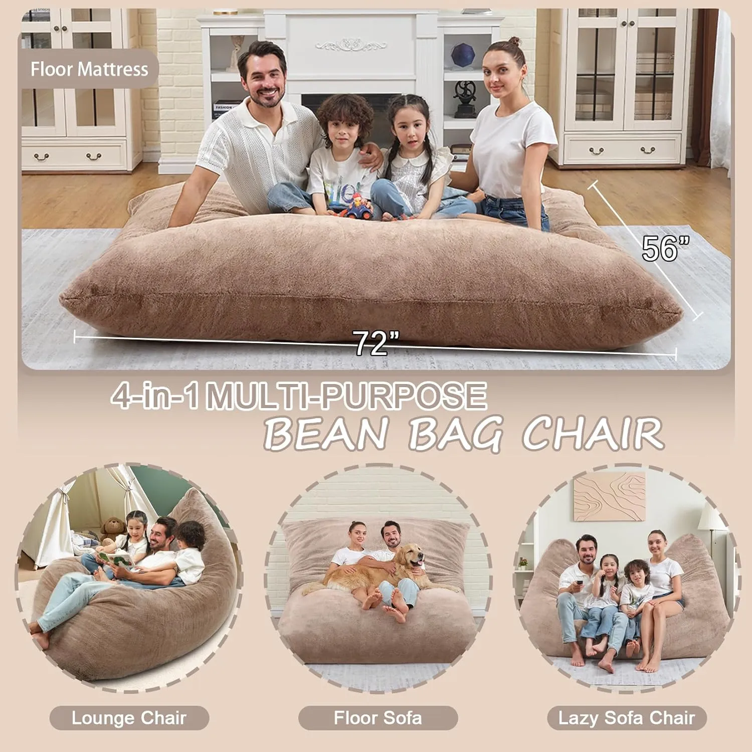 HABUTWAY 4 in 1 Bean Bag Chair,Giant Bean Bag Chairs for Adults with Memory Foam,Ultra Soft & Machine Washable Cover,Convertible Sofa Bed Floor Couch Lounger for Living Room,Bedroom (Faux Fur-Brown)