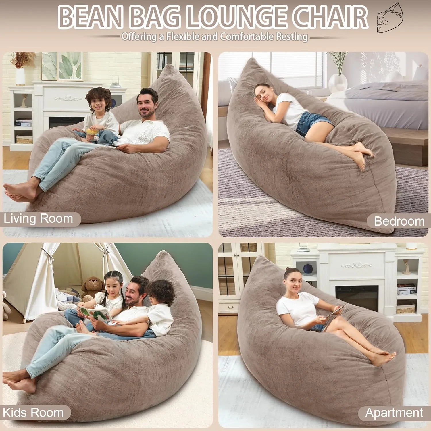 HABUTWAY 4 in 1 Bean Bag Chair,Giant Bean Bag Chairs for Adults with Memory Foam,Ultra Soft & Machine Washable Cover,Convertible Sofa Bed Floor Couch Lounger for Living Room,Bedroom (Faux Fur-Brown)