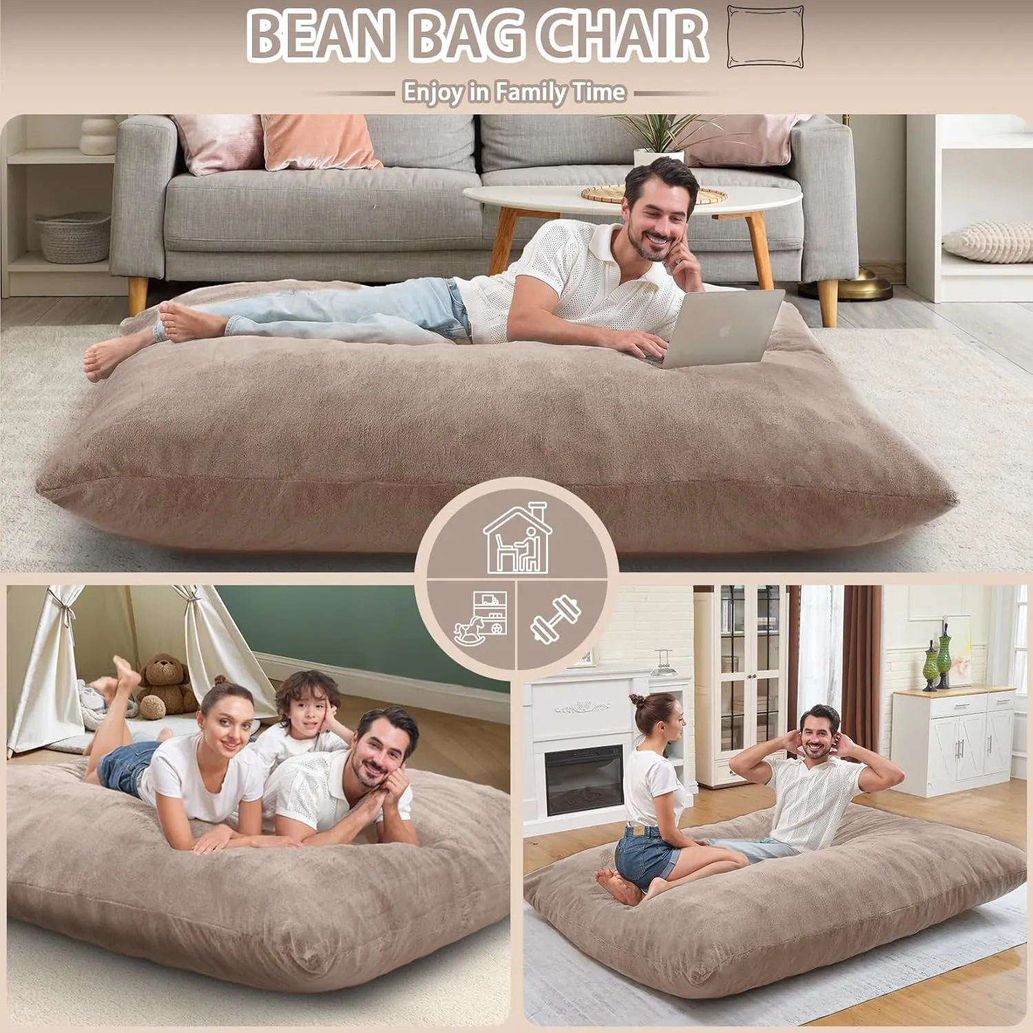 HABUTWAY 4 in 1 Bean Bag Chair,Giant Bean Bag Chairs for Adults with Memory Foam,Ultra Soft & Machine Washable Cover,Convertible Sofa Bed Floor Couch Lounger for Living Room,Bedroom (Faux Fur-Brown)