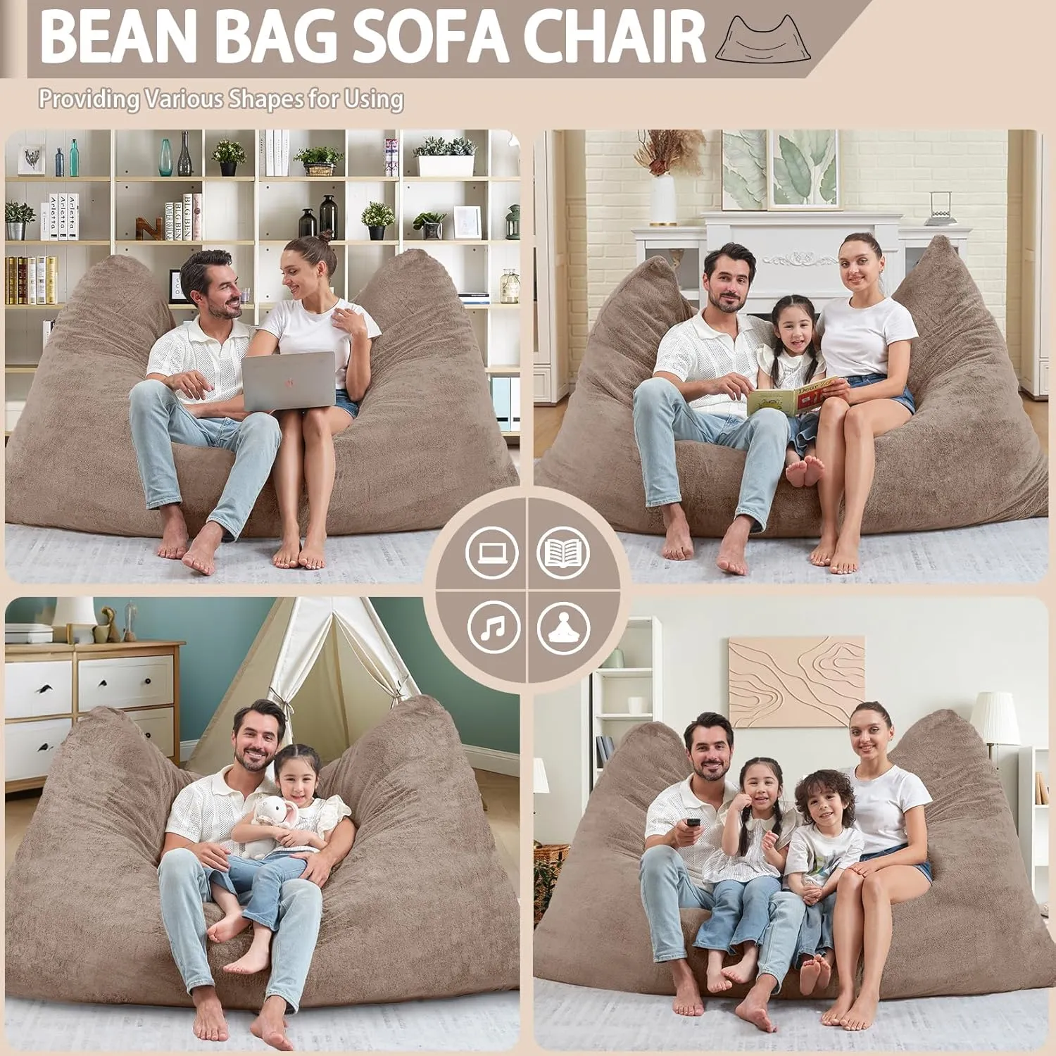 HABUTWAY 4 in 1 Bean Bag Chair,Giant Bean Bag Chairs for Adults with Memory Foam,Ultra Soft & Machine Washable Cover,Convertible Sofa Bed Floor Couch Lounger for Living Room,Bedroom (Faux Fur-Brown)