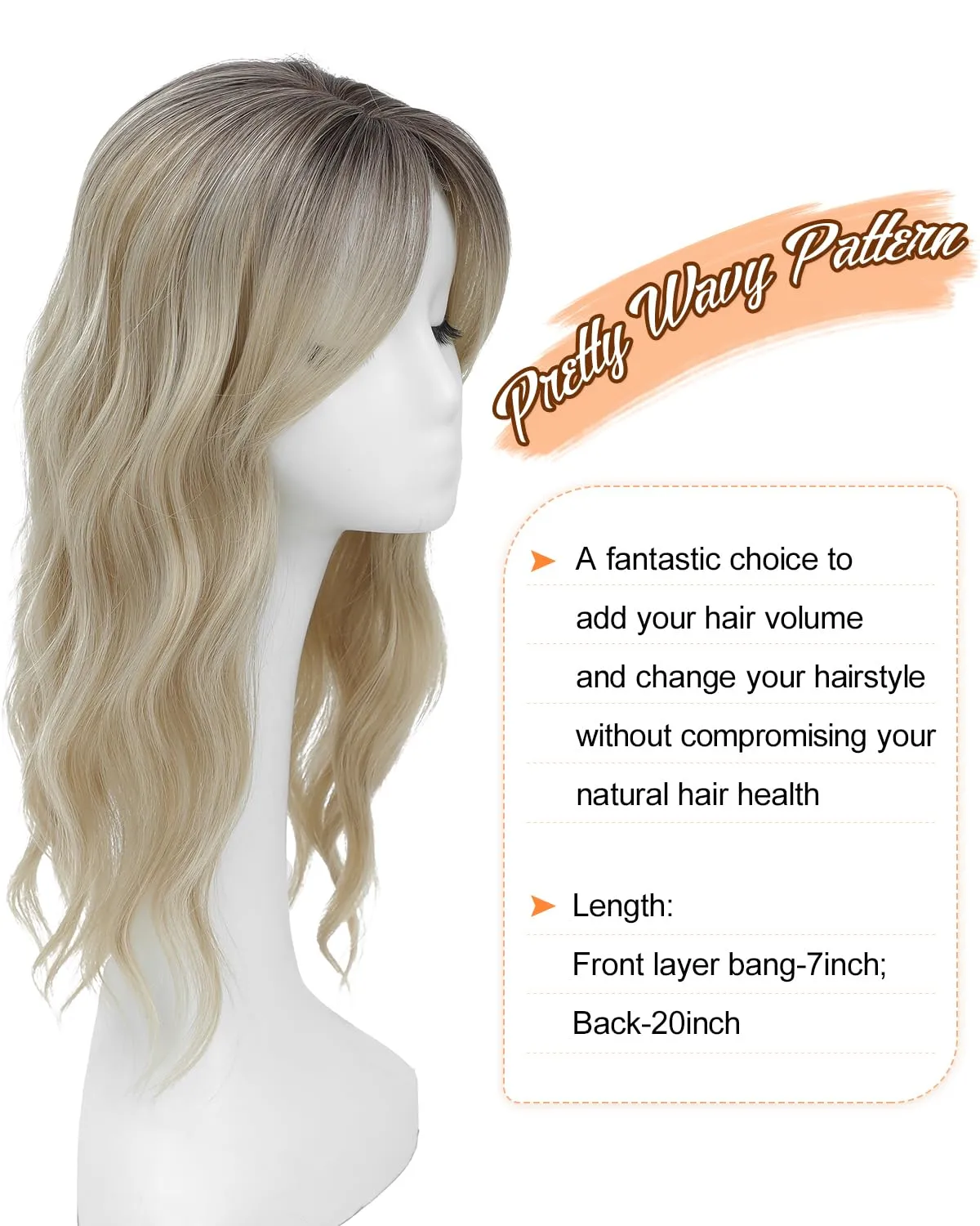 Hair Toppers for Women 20inch Wavy Hair Toppers for Women Toppers Hair Pieces for Women with Thinning Hair Ombre Highlight Synthetic Wig Clip In Hair Topper Wiglets with Fringe Bang Add Hair Volume