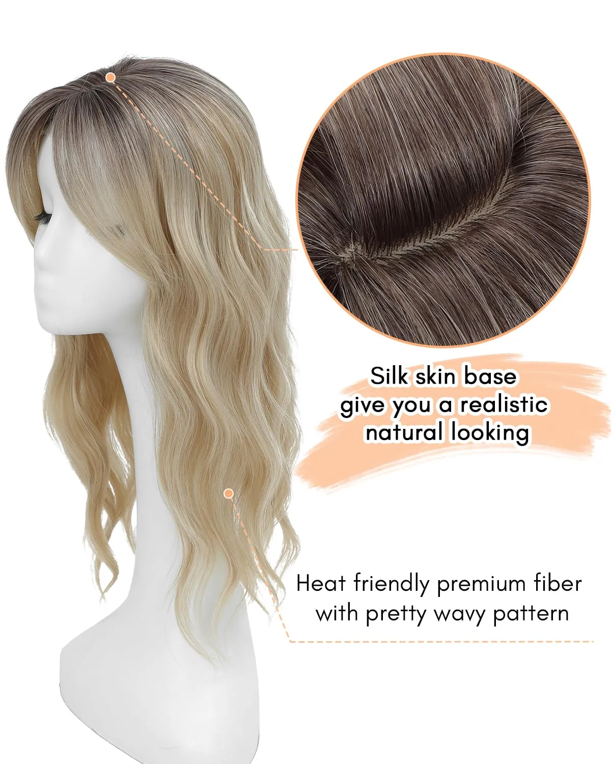 Hair Toppers for Women 20inch Wavy Hair Toppers for Women Toppers Hair Pieces for Women with Thinning Hair Ombre Highlight Synthetic Wig Clip In Hair Topper Wiglets with Fringe Bang Add Hair Volume