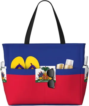 Haitian flag Large capacity beach bag with zipper, perfect for grocery bag pool gym travel shopping foldable beach travel bag,
