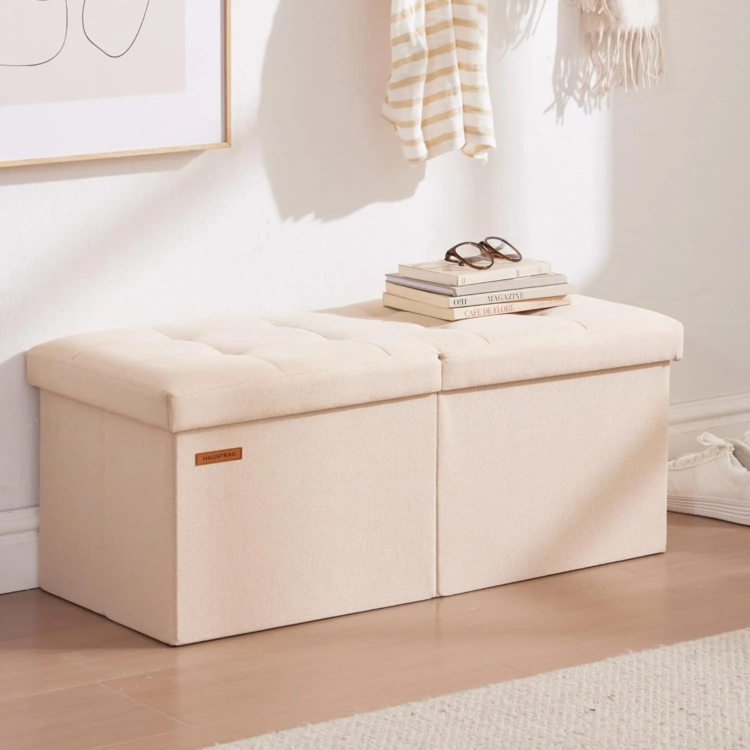 HAUSFRAU 31.5 Inches Ottoman with Storage Bench, Folding Ottoman Bench Small Foot Rest Stool, Bedroom Bench with Flipping Lid, Linen Beige