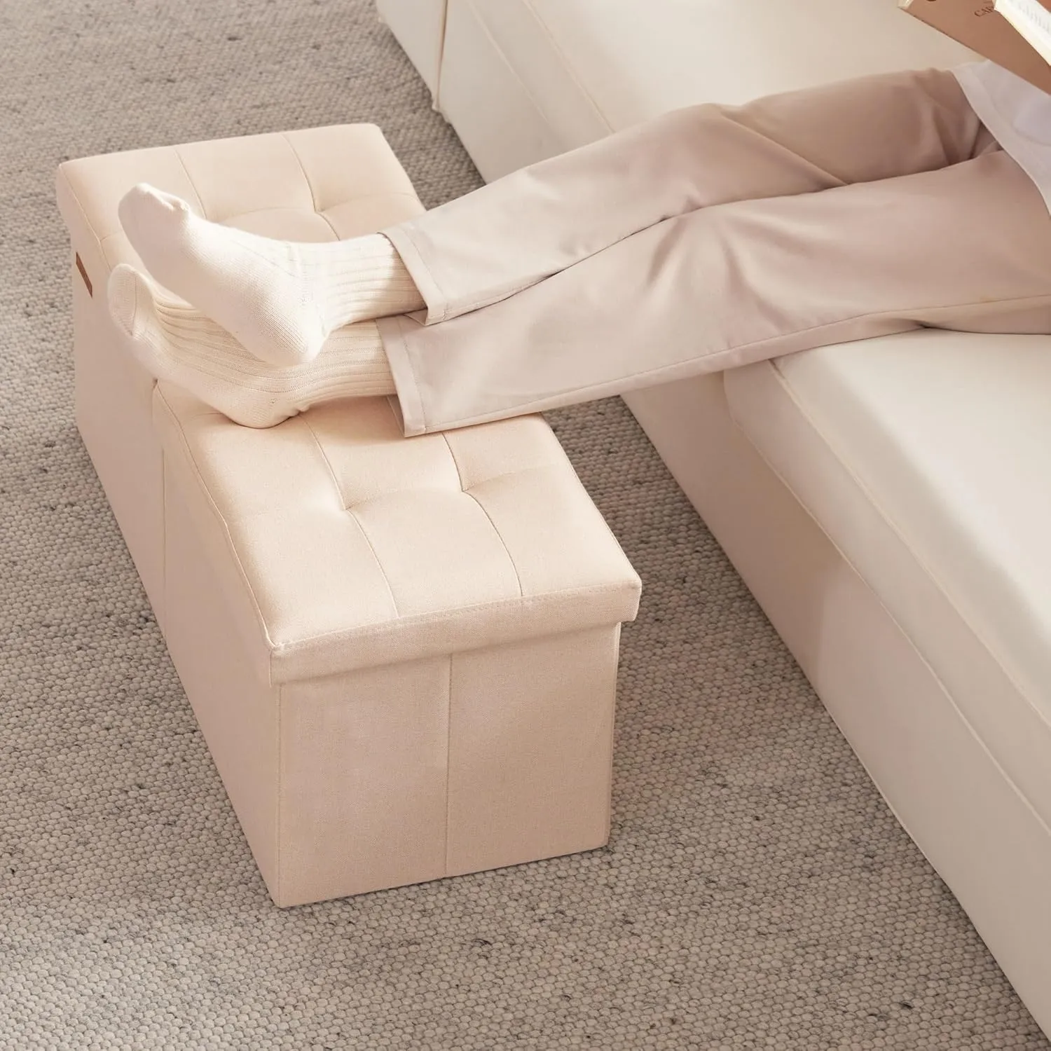 HAUSFRAU 31.5 Inches Ottoman with Storage Bench, Folding Ottoman Bench Small Foot Rest Stool, Bedroom Bench with Flipping Lid, Linen Beige