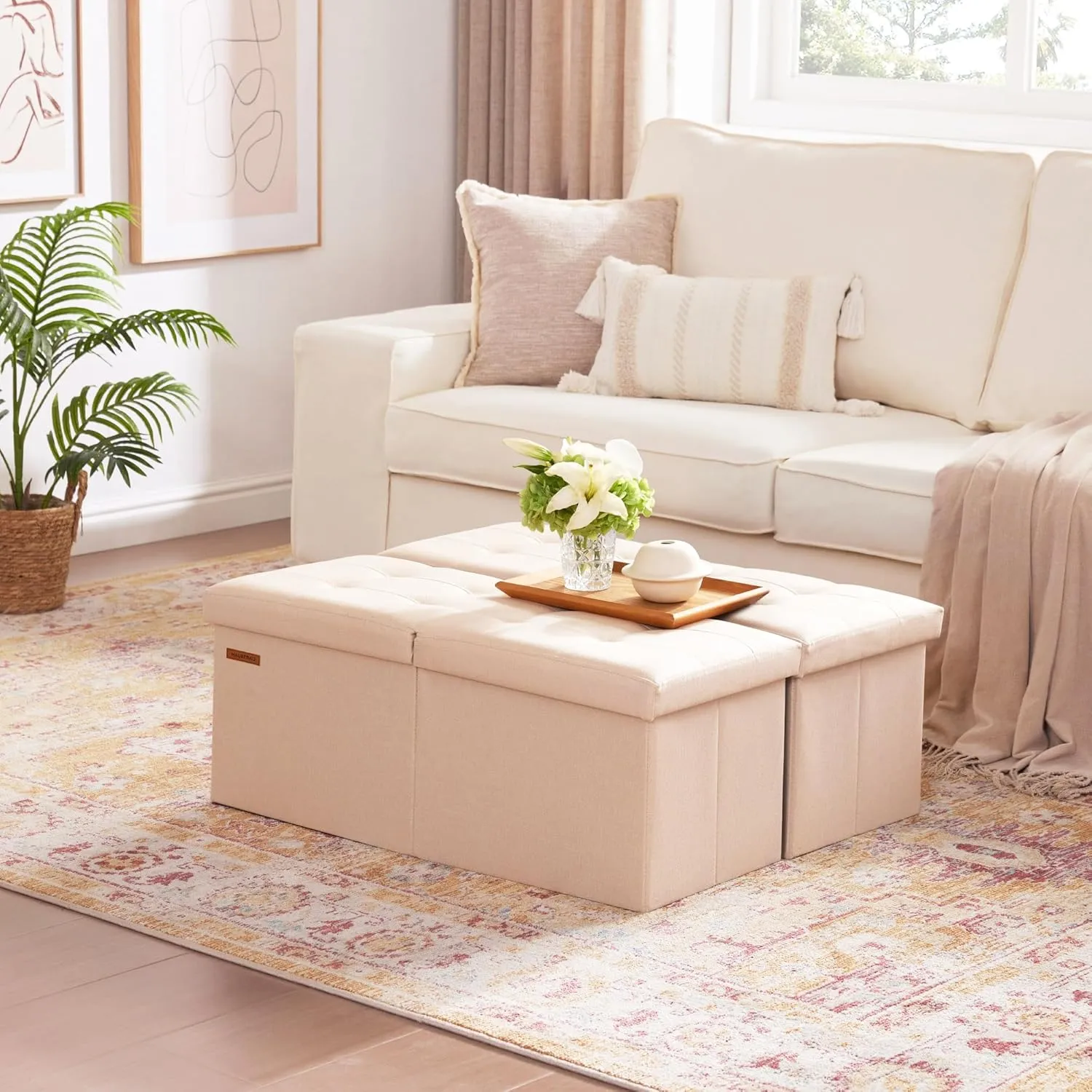 HAUSFRAU 31.5 Inches Ottoman with Storage Bench, Folding Ottoman Bench Small Foot Rest Stool, Bedroom Bench with Flipping Lid, Linen Beige