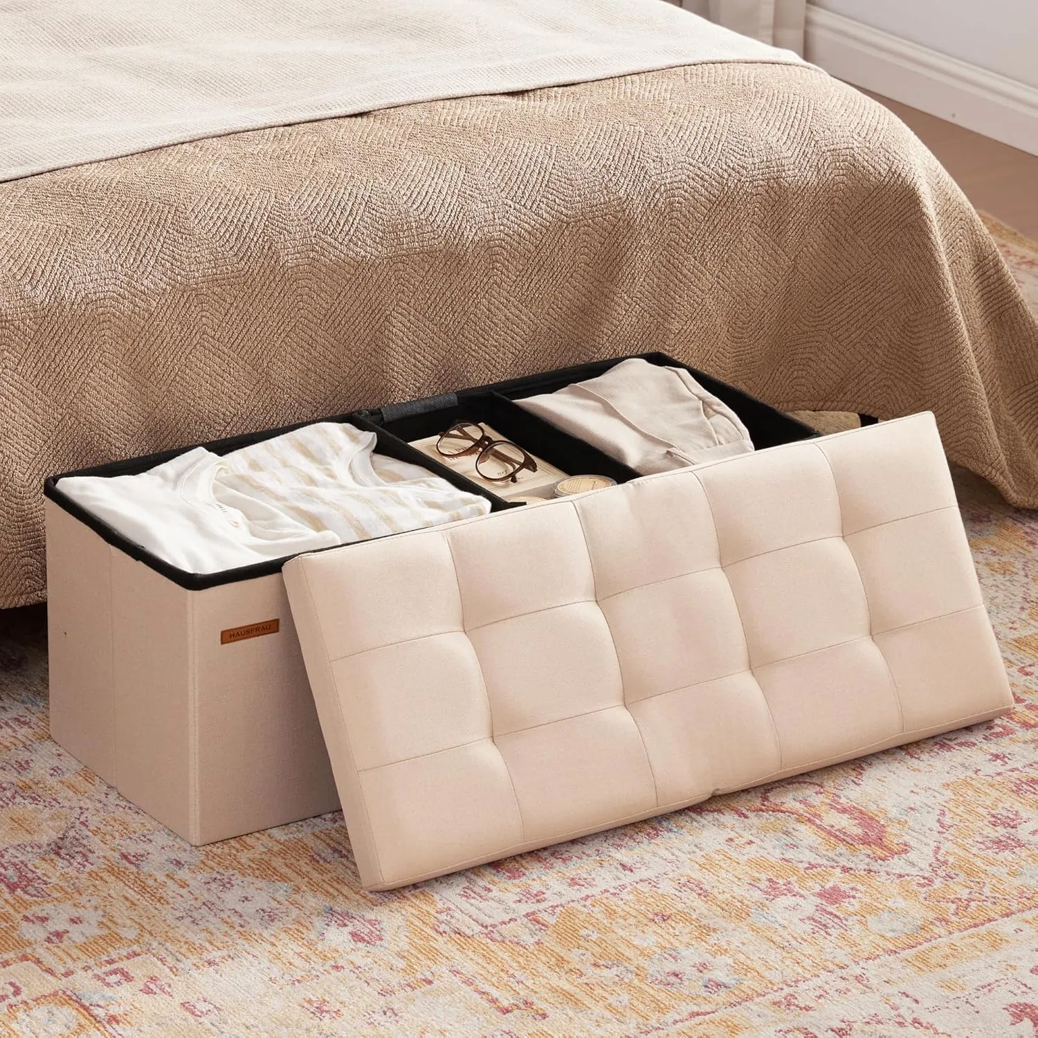 HAUSFRAU 31.5 Inches Ottoman with Storage Bench, Folding Ottoman Bench Small Foot Rest Stool, Bedroom Bench with Flipping Lid, Linen Beige