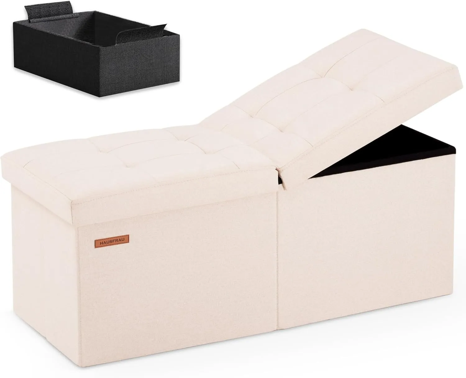HAUSFRAU 31.5 Inches Ottoman with Storage Bench, Folding Ottoman Bench Small Foot Rest Stool, Bedroom Bench with Flipping Lid, Linen Beige