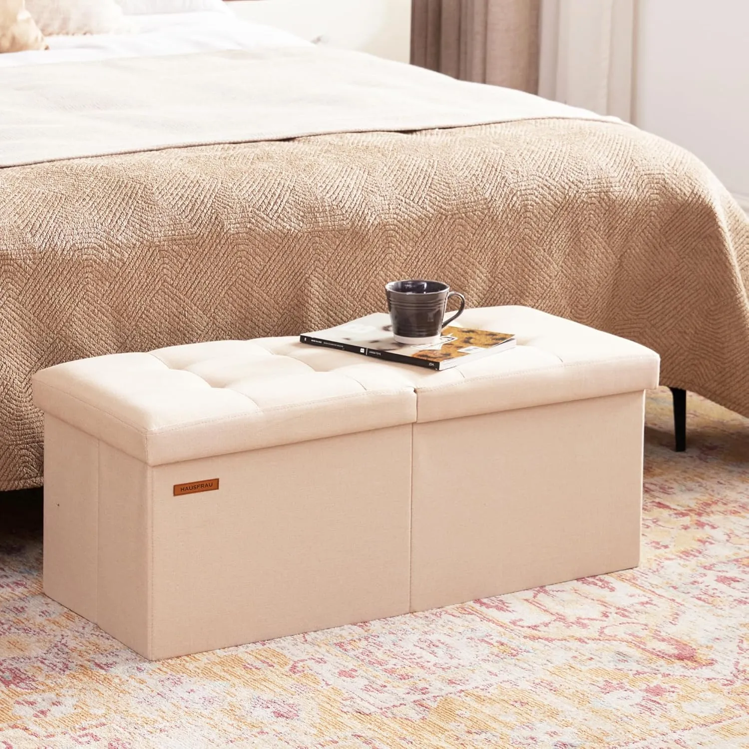 HAUSFRAU 31.5 Inches Ottoman with Storage Bench, Folding Ottoman Bench Small Foot Rest Stool, Bedroom Bench with Flipping Lid, Linen Beige
