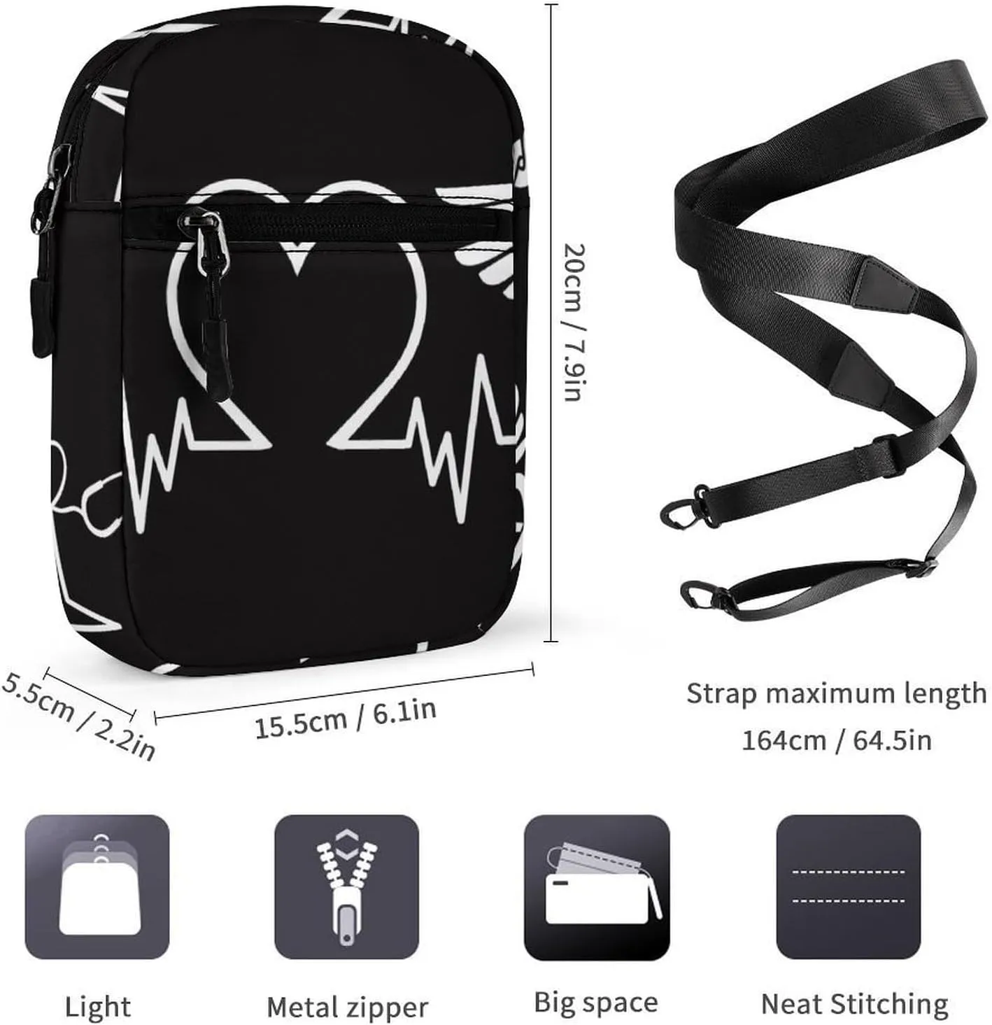 Heartbeat Chart of Love Crossbody Bag Small Shoulder Bag Waterproof, Lightweight And Convenient