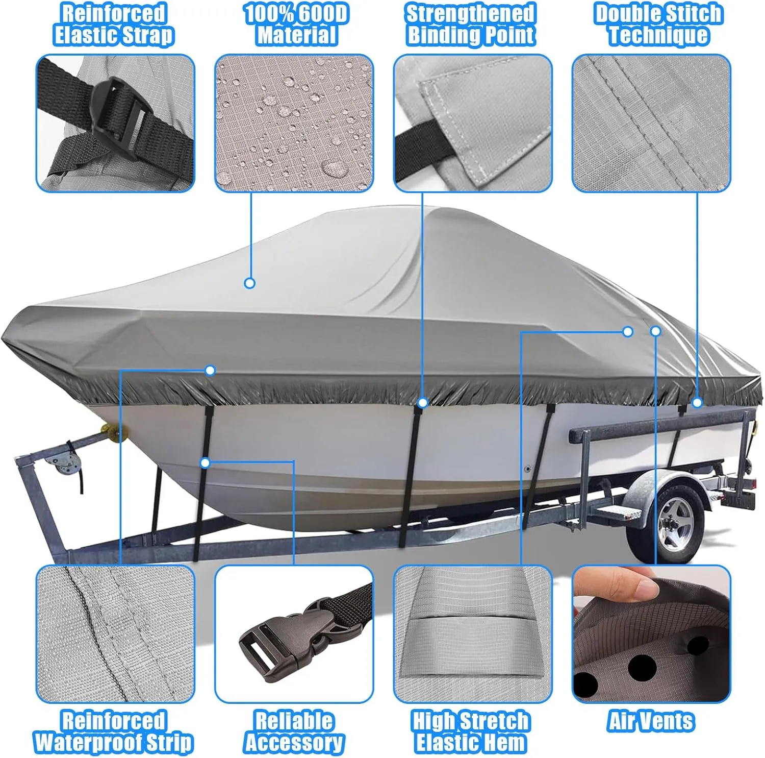 Heavy Duty 600D Boat Cover, Waterproof & UV Resistant, Fits 14-16 FT X 68" Beam Width V-Hull, Tri-Hull, Bass Boats – Trailerable Marine Grade Cover with Adjustable Straps for All-Weather Protection
