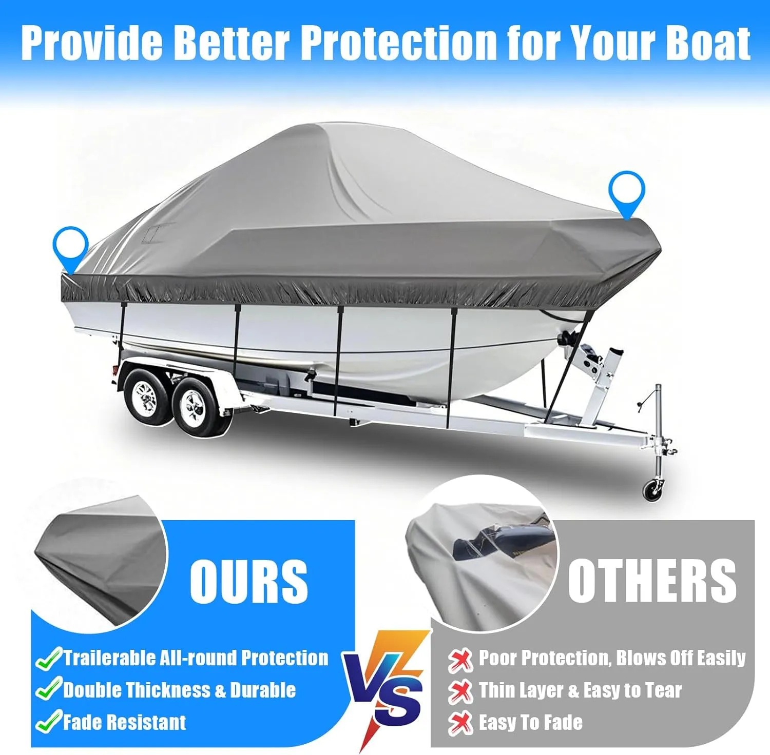 Heavy Duty 600D Boat Cover, Waterproof & UV Resistant, Fits 14-16 FT X 68" Beam Width V-Hull, Tri-Hull, Bass Boats – Trailerable Marine Grade Cover with Adjustable Straps for All-Weather Protection