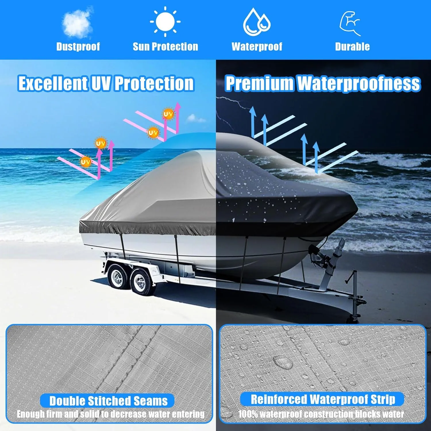 Heavy Duty 600D Boat Cover, Waterproof & UV Resistant, Fits 14-16 FT X 68" Beam Width V-Hull, Tri-Hull, Bass Boats – Trailerable Marine Grade Cover with Adjustable Straps for All-Weather Protection