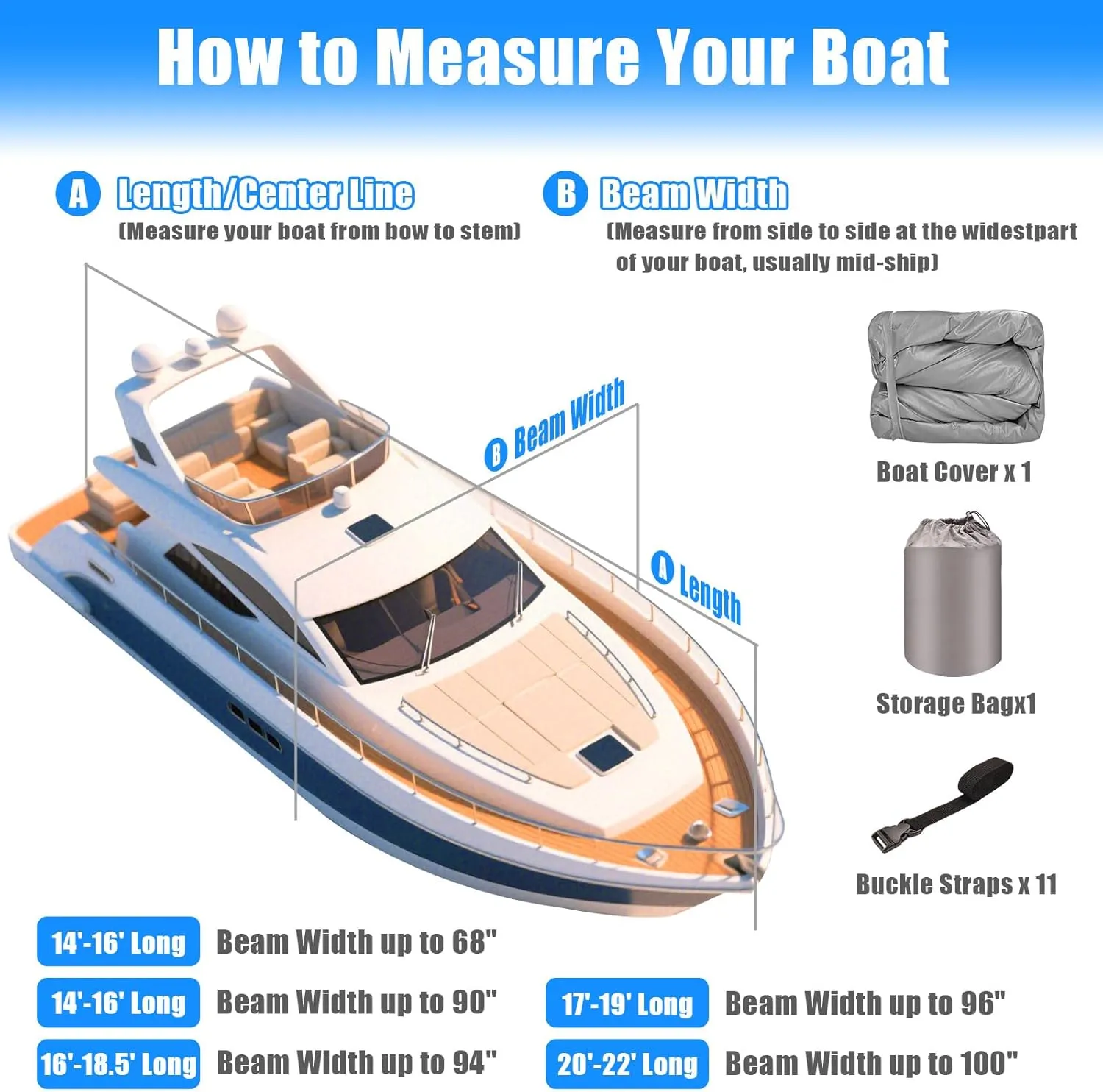Heavy Duty 600D Boat Cover, Waterproof & UV Resistant, Fits 14-16 FT X 68" Beam Width V-Hull, Tri-Hull, Bass Boats – Trailerable Marine Grade Cover with Adjustable Straps for All-Weather Protection