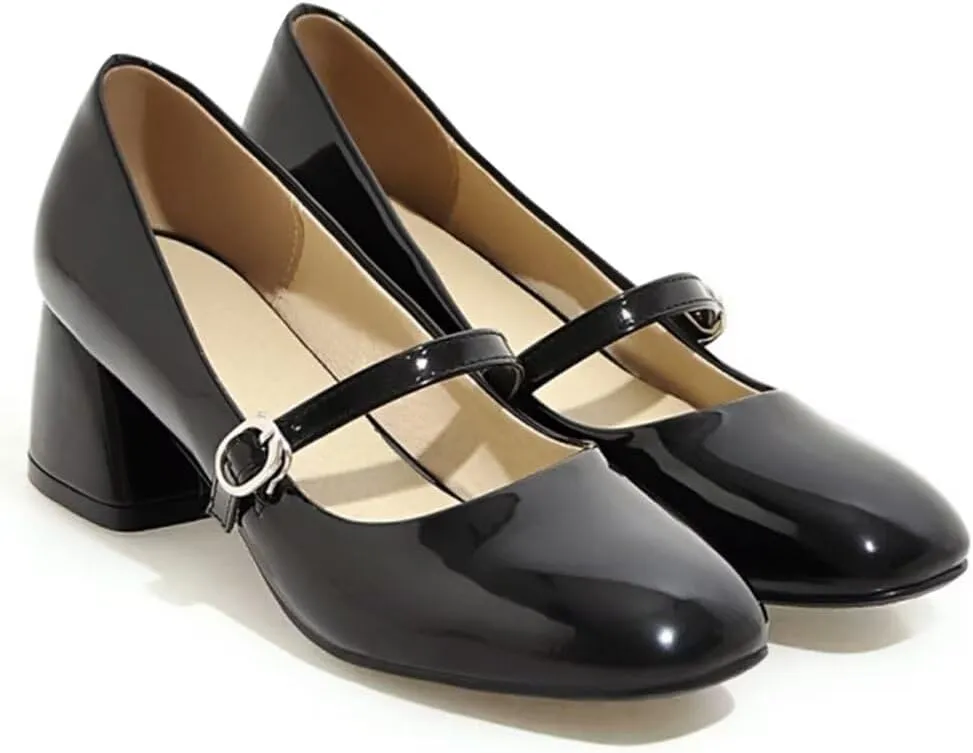Hee grand Vintage Mary Jane Shoes Chunky Heels for Women Square Toe Adjustable Strap Pump PU Leather Brogue Work Heels Dress Shoes