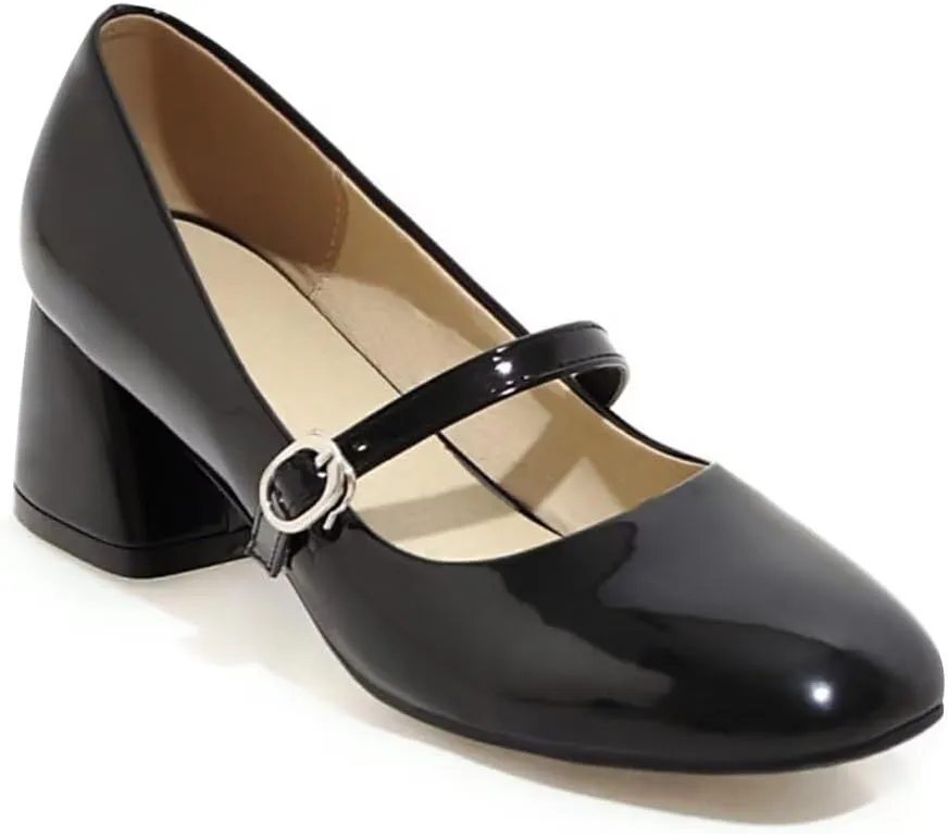 Hee grand Vintage Mary Jane Shoes Chunky Heels for Women Square Toe Adjustable Strap Pump PU Leather Brogue Work Heels Dress Shoes