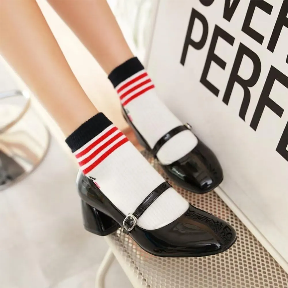 Hee grand Vintage Mary Jane Shoes Chunky Heels for Women Square Toe Adjustable Strap Pump PU Leather Brogue Work Heels Dress Shoes