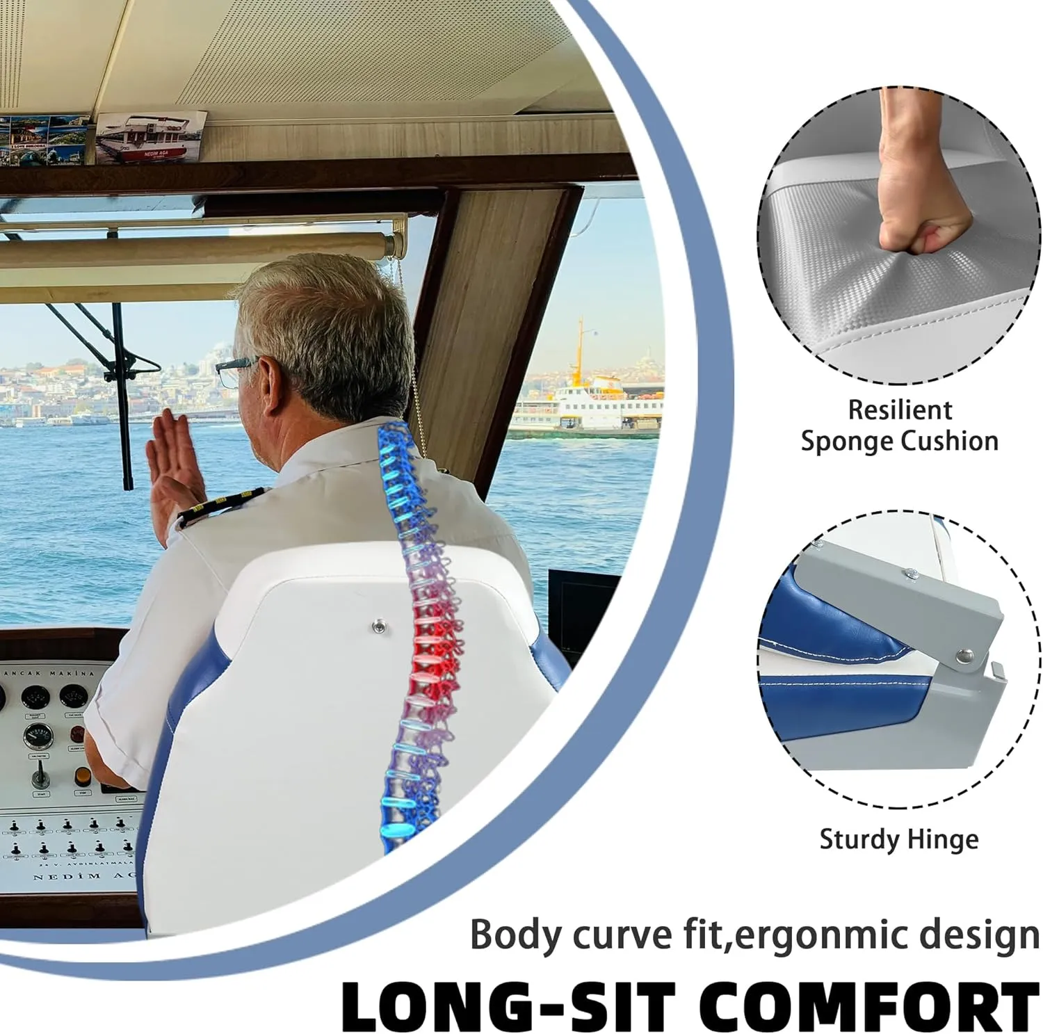 High Back Boat Seats, Folding Fishing Boat Seat with Thickened Sponge Cushion & Waterproof PVC Leather, Aluminum Alloy Hinges, Flip Up for Yachts, Ships