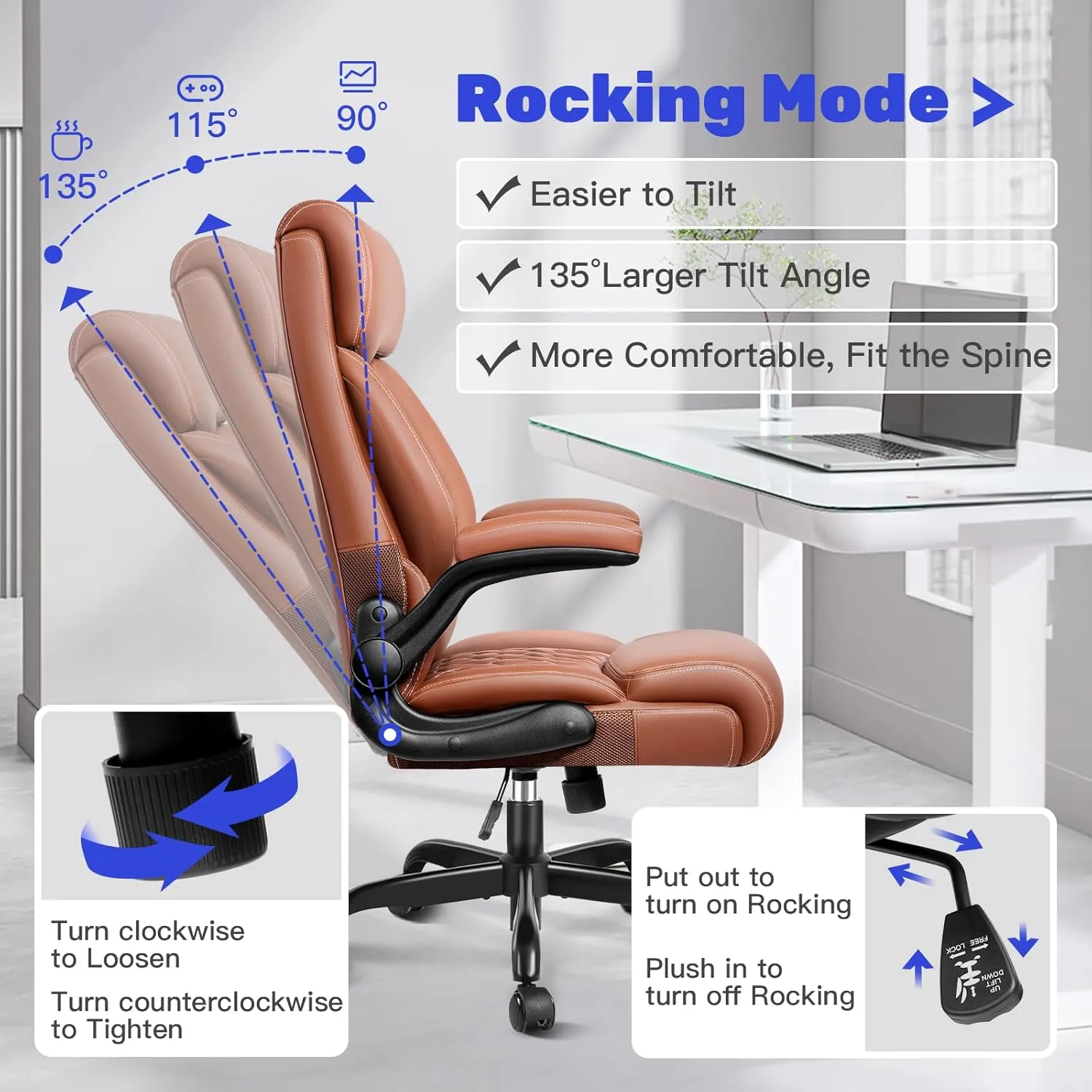 High Back Executive Office Chair - Ergonomic Computer Desk with Rocking Function, Leather Managerial with Adjustable Flip-Up Armrests and Lumbar Support