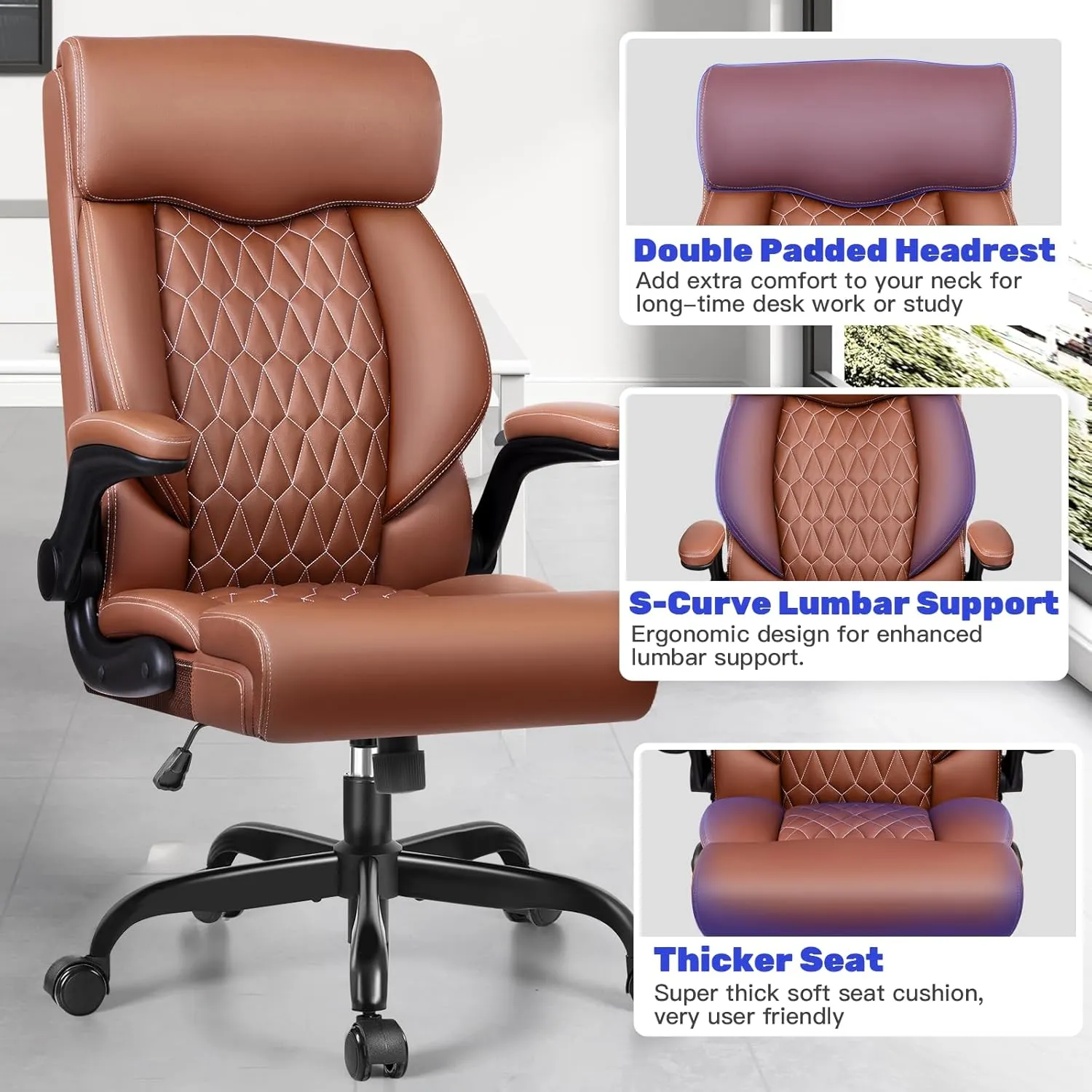 High Back Executive Office Chair - Ergonomic Computer Desk with Rocking Function, Leather Managerial with Adjustable Flip-Up Armrests and Lumbar Support