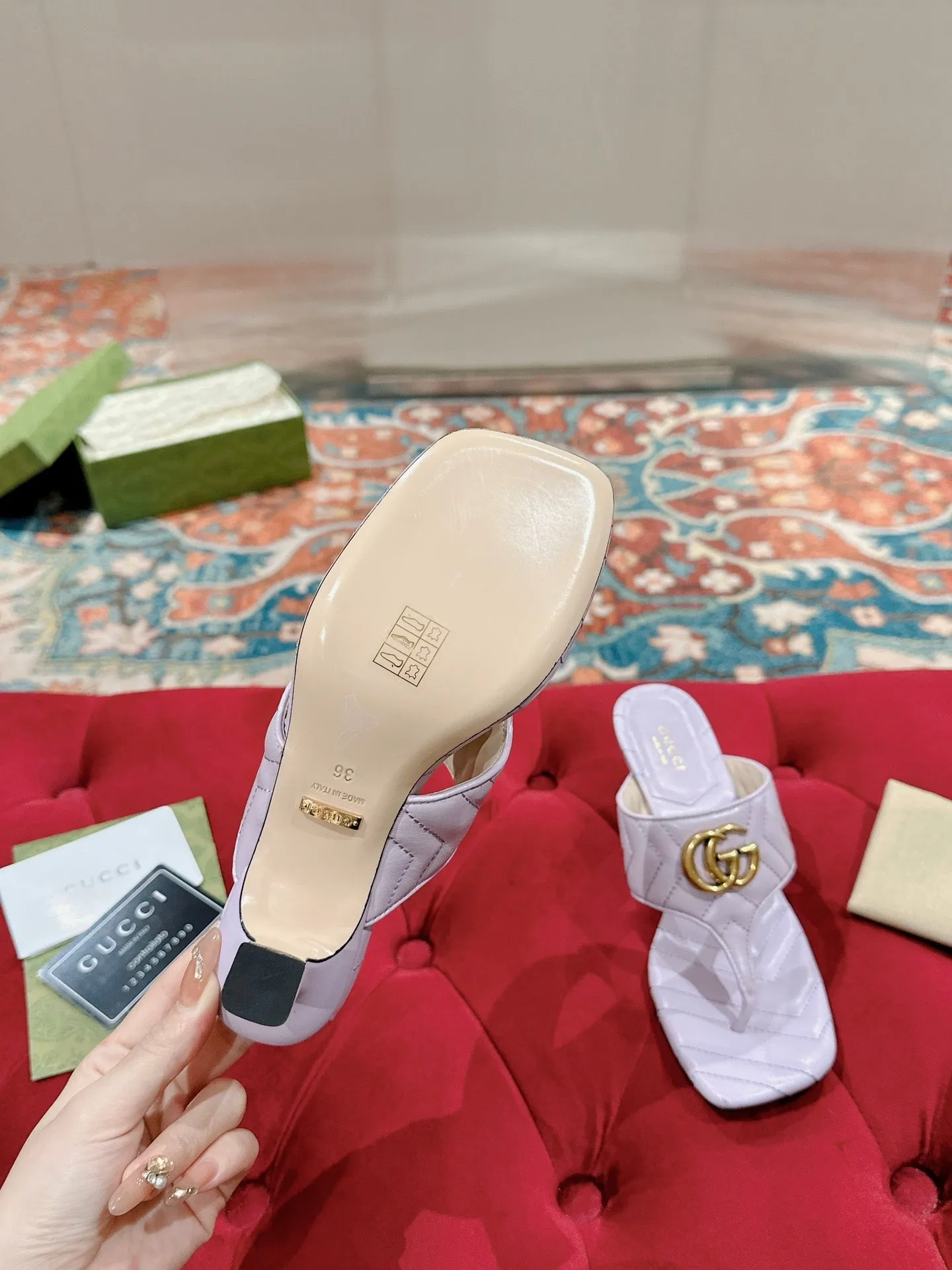 HIGH THONG MULE 55MM IN LIGHT PINK CALFSKIN WITH GOLD HARDWARE